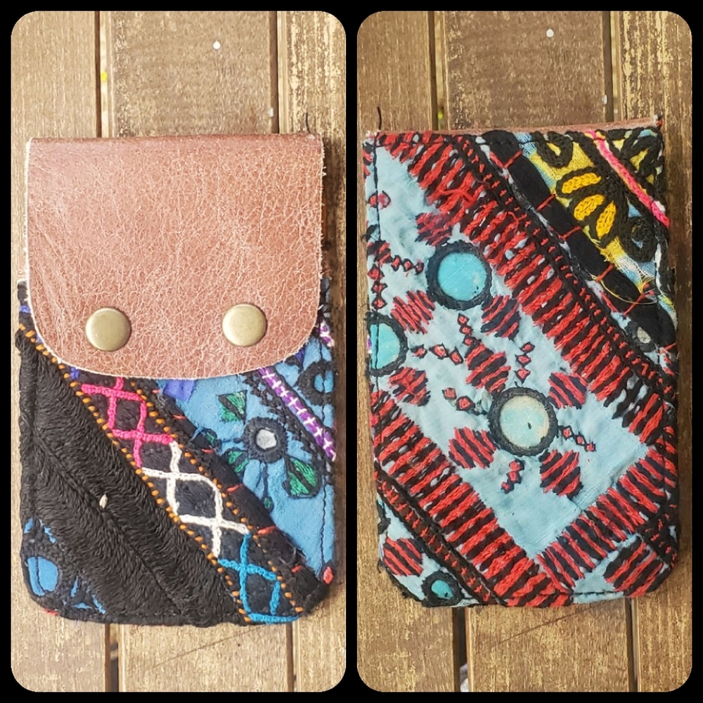 🍳🧠 Free People Boho Embroidered Repurposed vtg banjara hippie Wallet card case